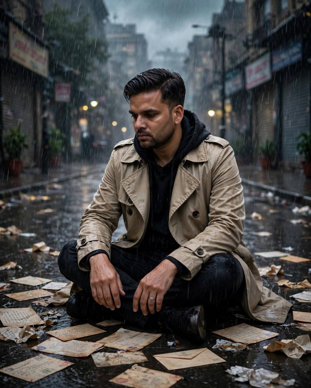 Young Indian man in a beige trench coat sitting cross-legged among old letters on a rain-flooded street