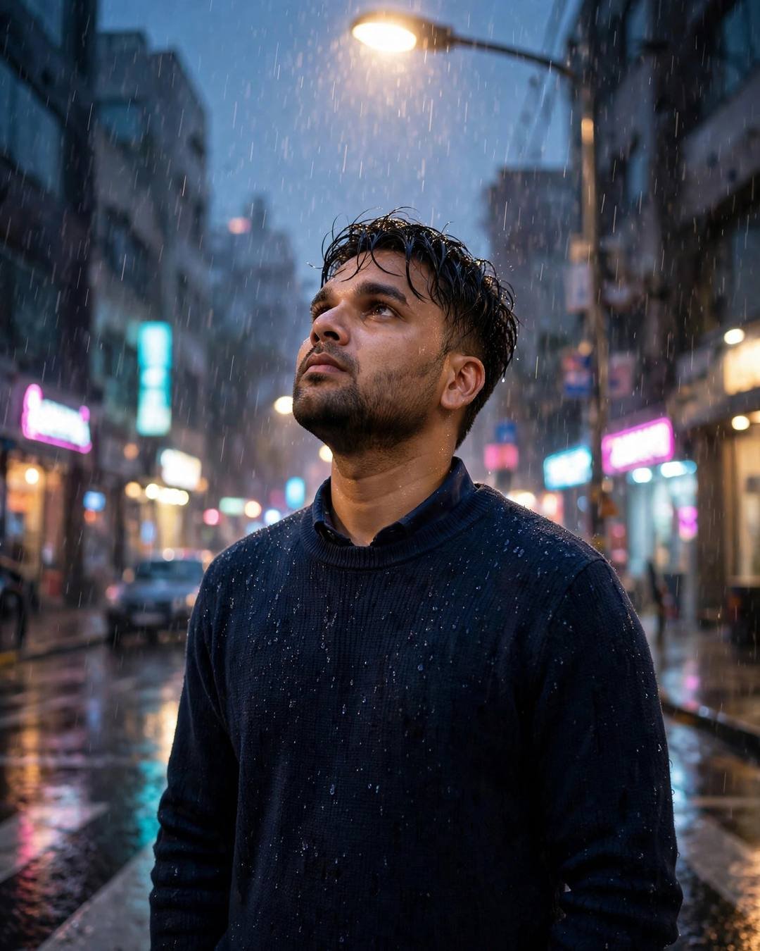 Man in navy sweater standing in rain under a streetlamp at blue hour, neon pink and cyan glow