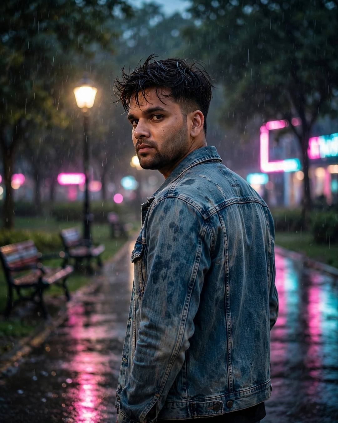 Man in denim jacket walking away on a neon-lit rainy park path, looking back over shoulder