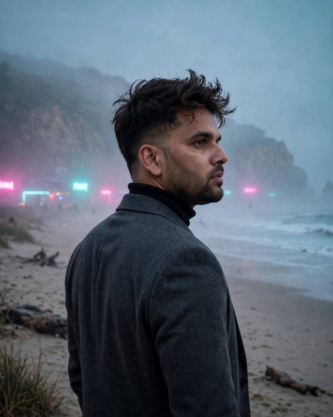 Man in charcoal blazer looking over shoulder on a foggy beach at dawn, neon glow in mist
