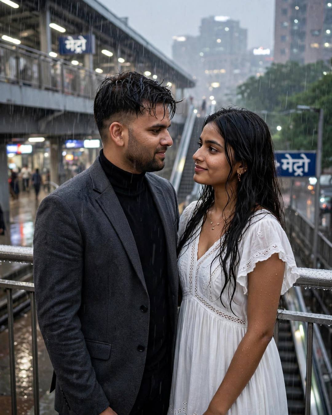 Fireflies rising around their hammock — couple standing close on a rain-soaked bridge at a metro station at midnight, charcoal blazer and black turtleneck, flowing white summer dress