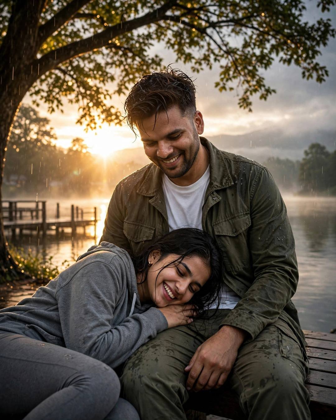Young couple laughing on a lake pier at dawn, her head in his lap, golden backlight through rain and mist