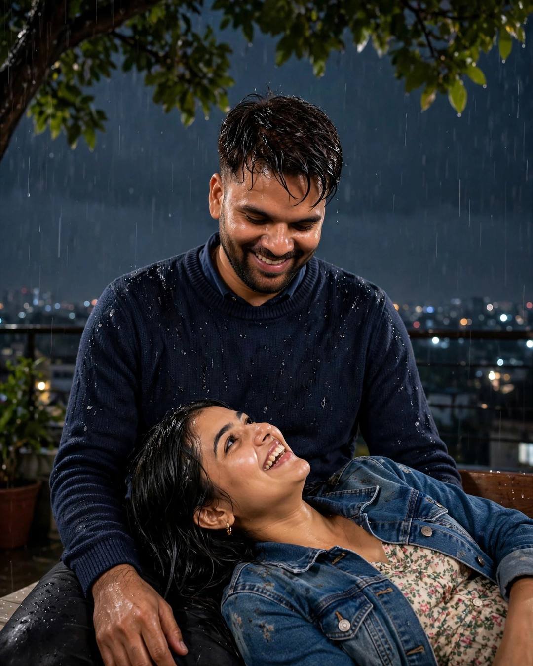 Young couple laughing on a rooftop at night in the rain, her head in his lap, city lights behind, man in navy sweater