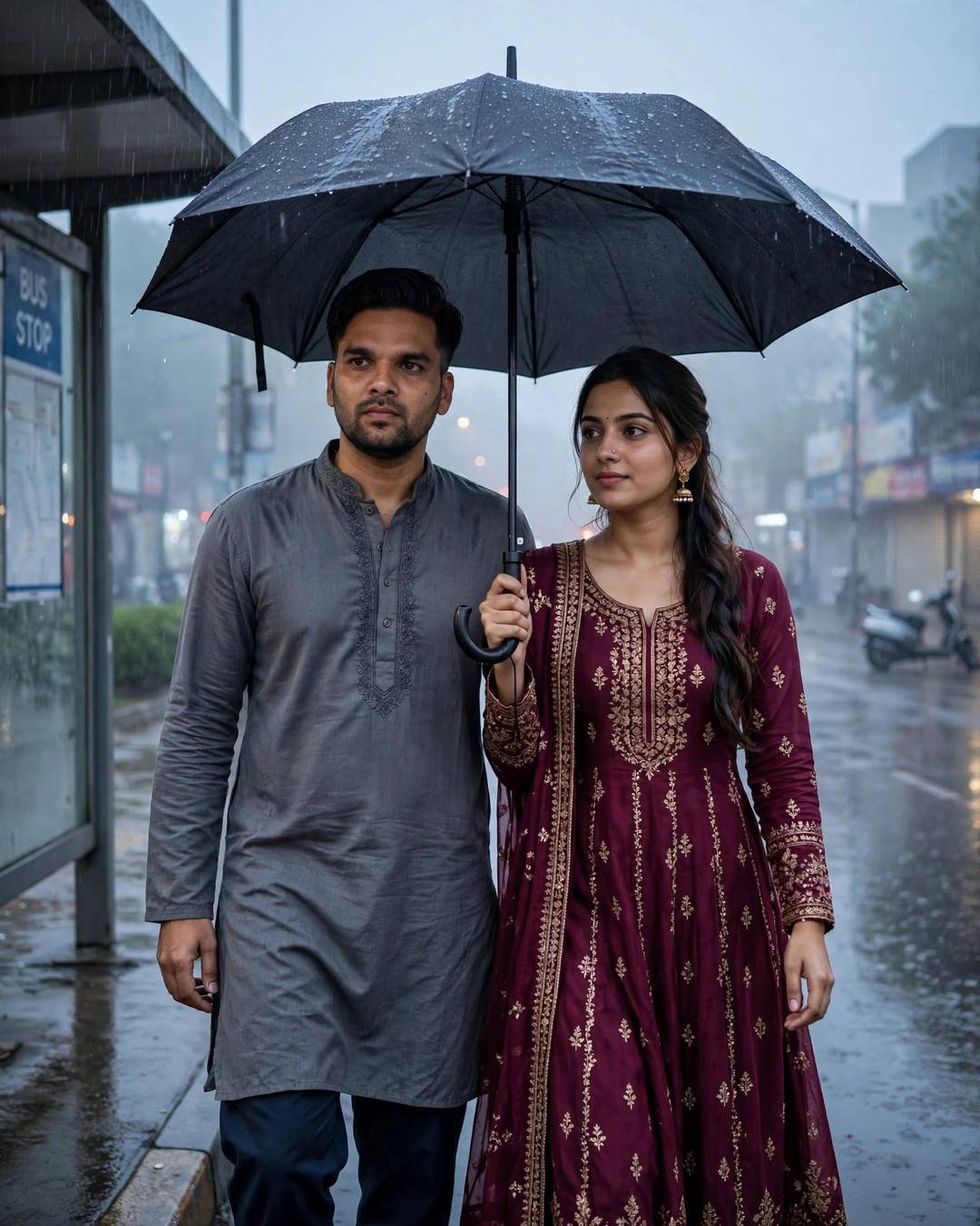 Young couple walking under an umbrella on a rainy street at blue hour, man in grey kurta, woman in maroon anarkali