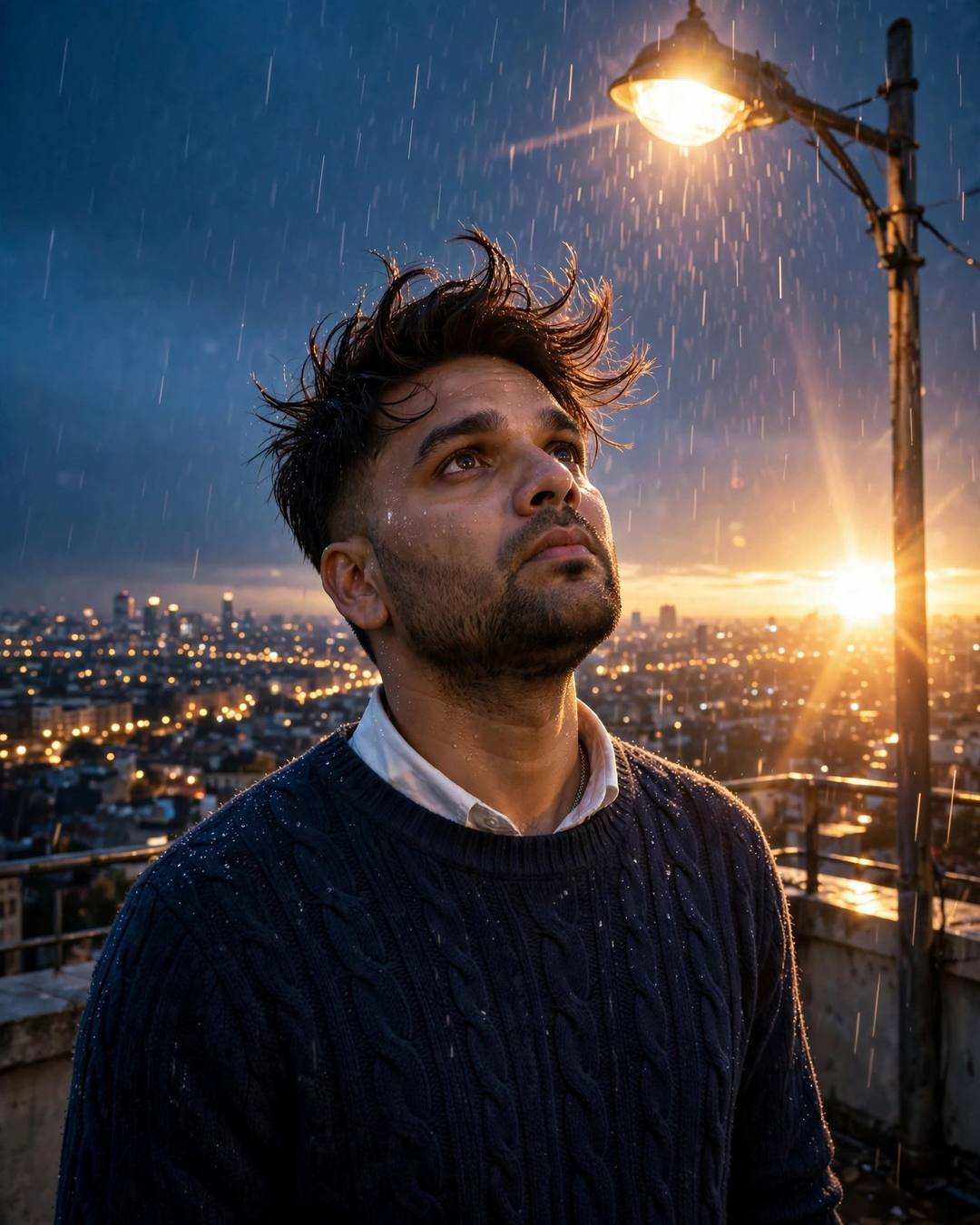 Keeping her photo as his phone wallpaper, — navy sweater over collared shirt, windswept textured hair, standing under a streetlamp in the rain, face lifted to the sky at rooftop overlooking sleeping c