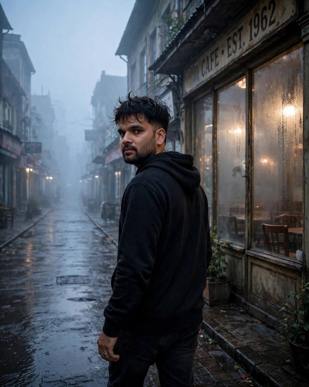 Writing her name in his diary, then — black oversized hoodie and dark jeans, slightly messy morning hair, walking away from the camera down an empty path at old cafe by a fogged window; post-rain wet 