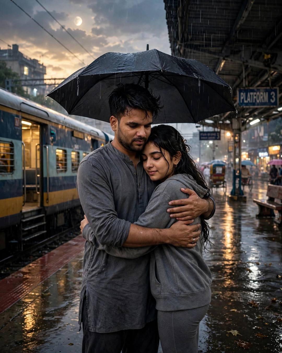 Young couple embracing under an umbrella on a rainy night railway platform, moon above, train waiting