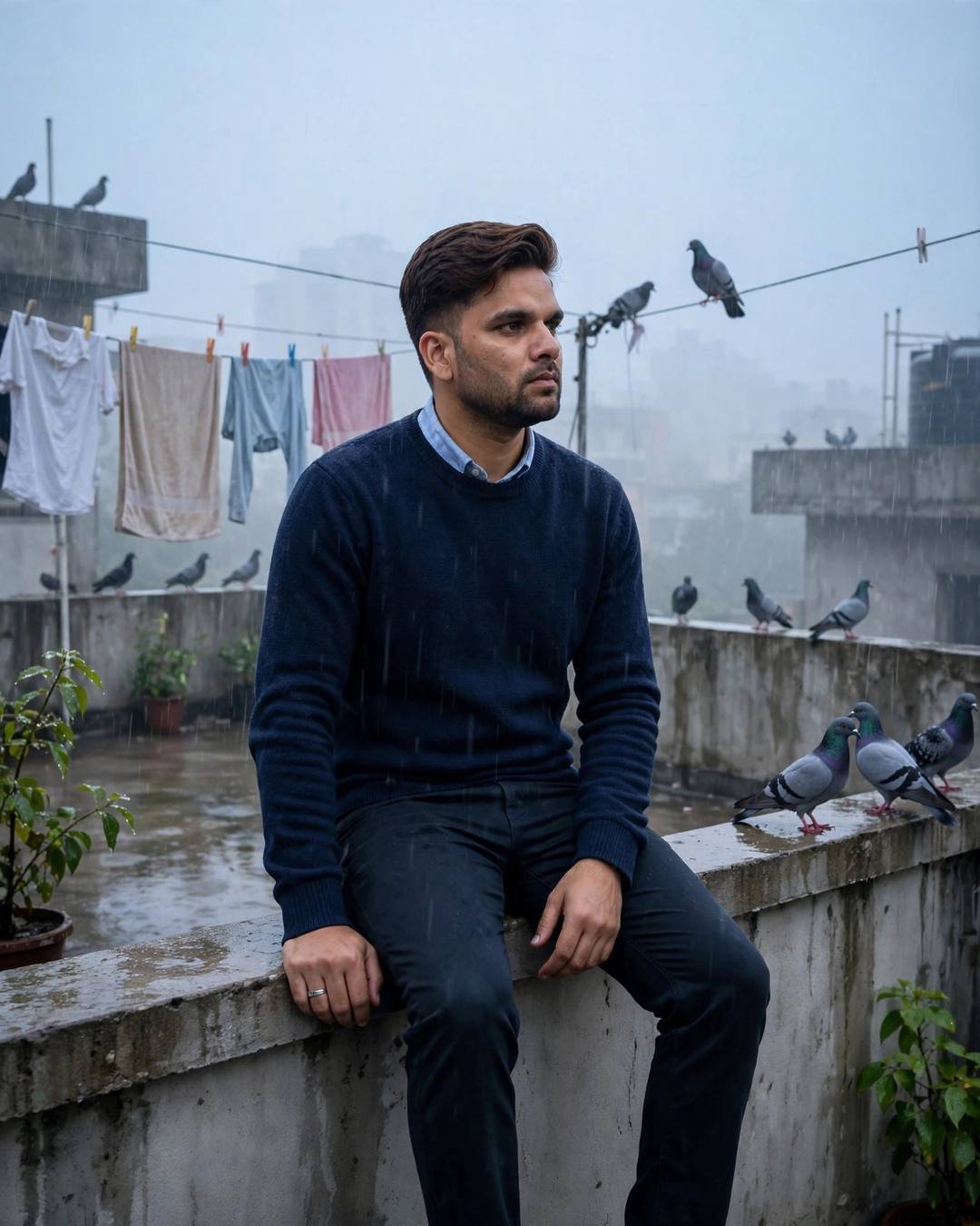 Young Indian man in a navy sweater sitting on a rooftop ledge among pigeons in light rain, foggy dawn