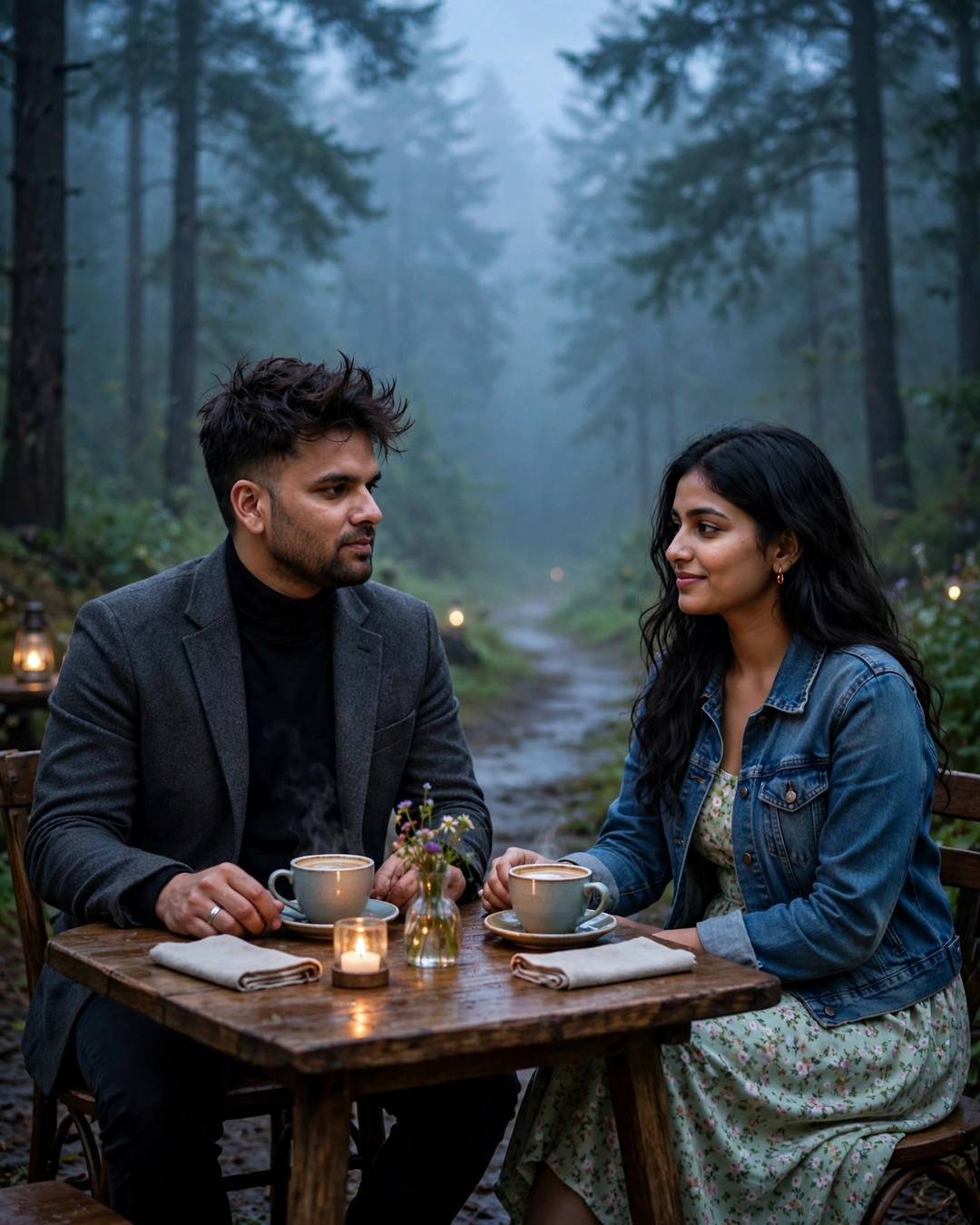 A stolen kiss under a blooming gulmohar — charcoal blazer, black turtleneck, slightly messy morning hair, sitting across a small cafe table, hands almost touching over cups at misty forest path; overc