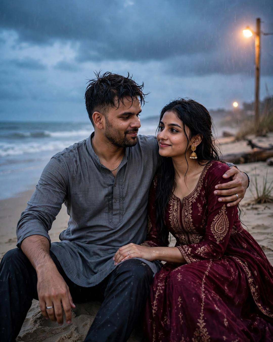 Young couple sitting on a deserted beach at dusk in drizzle, man in grey kurta, woman in maroon anarkali with jhumkas