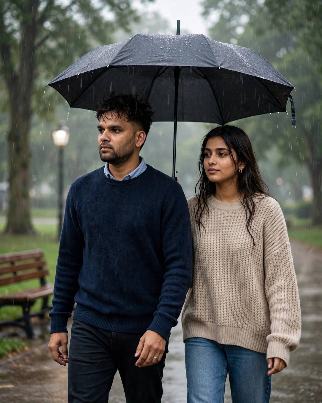 Young couple walking under one black umbrella on a rainy park path, man in navy sweater, woman in beige knit