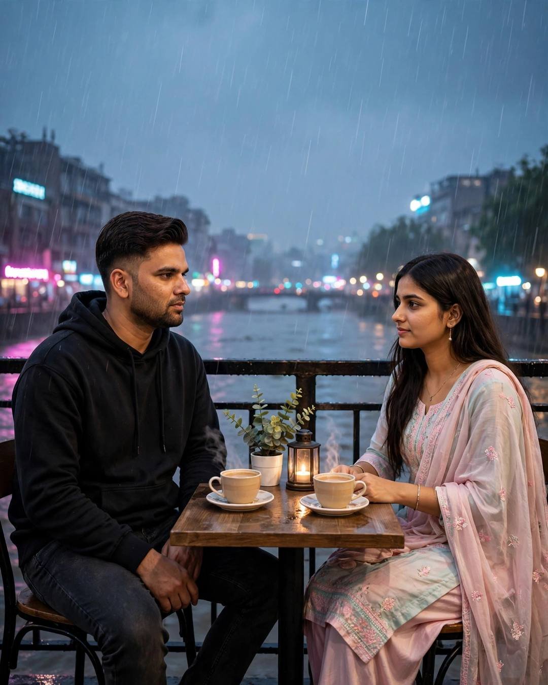 Young Indian couple sitting across a café table by a rain-swollen river at night, man in black hoodie, woman in pastel salwar-kameez