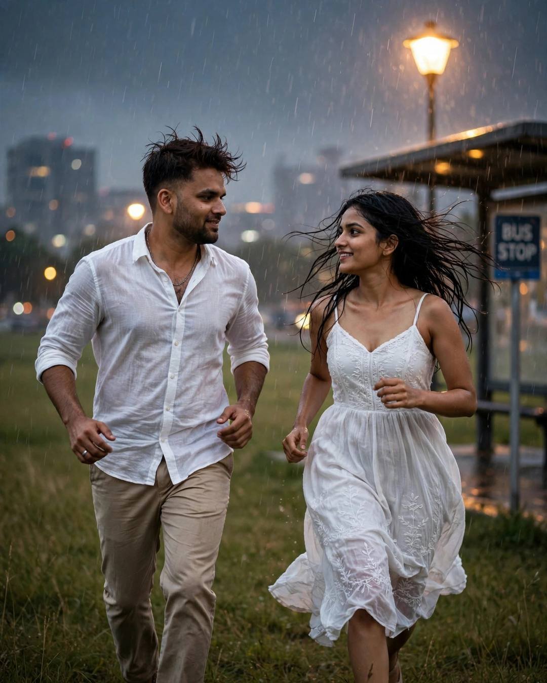 Young Indian couple running and laughing through the rain at a bus stop at night, both in white