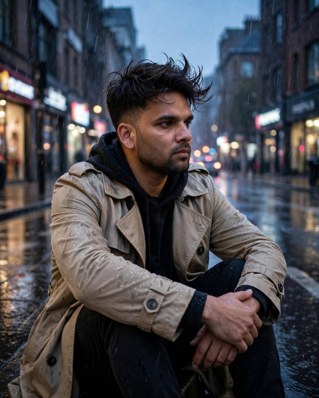Man in beige trench coat sitting with knees drawn up on a rain-soaked street at blue hour