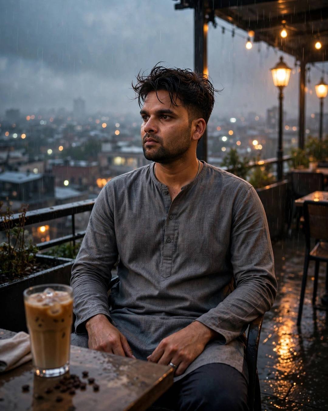 Watching couples pass by from a park — grey kurta with dark pajama, windswept textured hair, sitting at a cafe table, cradling a cold coffee, lost in thought at rooftop overlooking sleeping city light