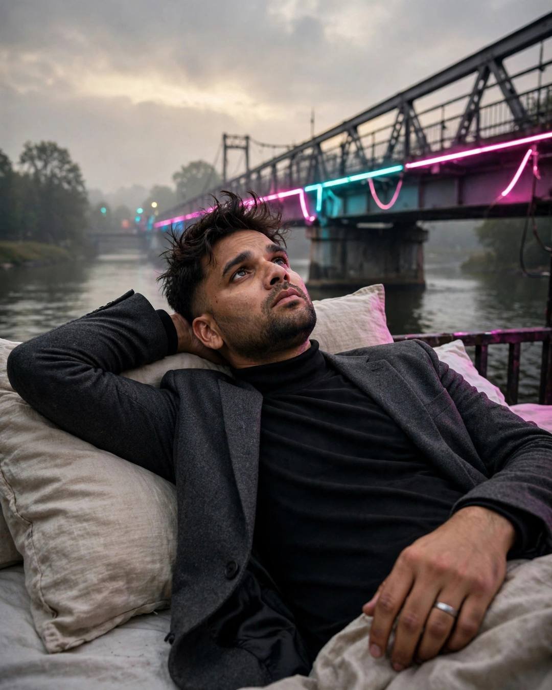 Holding her old scarf, breathing in a — charcoal blazer, black turtleneck, slightly messy morning hair, lying on the bed staring at the ceiling, one arm behind head at bridge over a slow river; overca