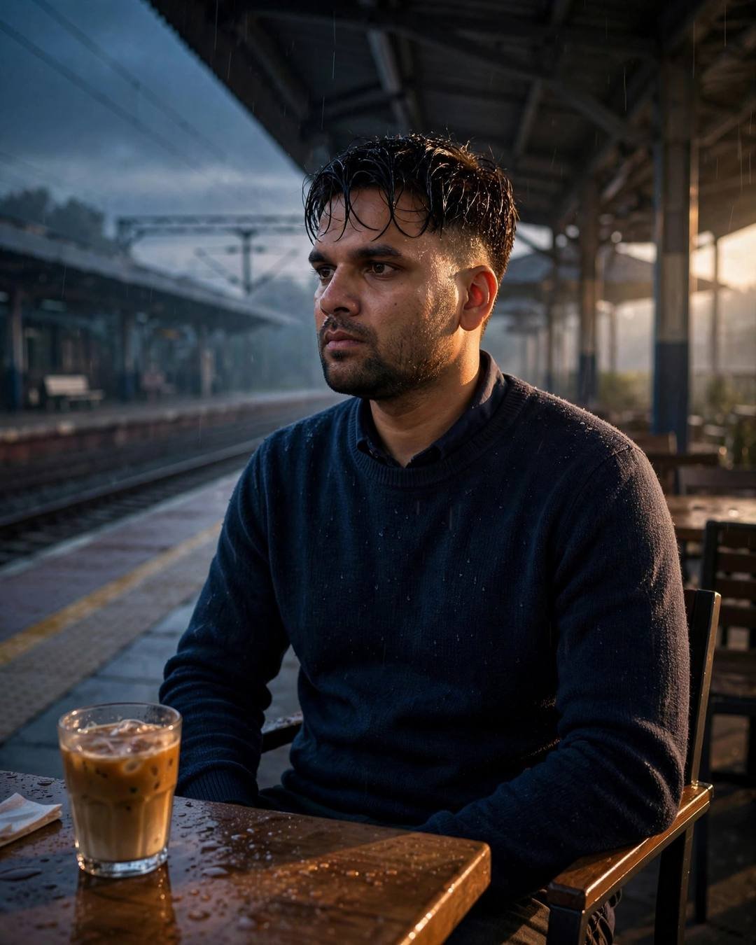 Staring at his phone's last message, unsent — navy sweater over collared shirt, damp rain-wet hair, sitting at a cafe table, cradling a cold coffee, lost in thought at empty railway platform at night;