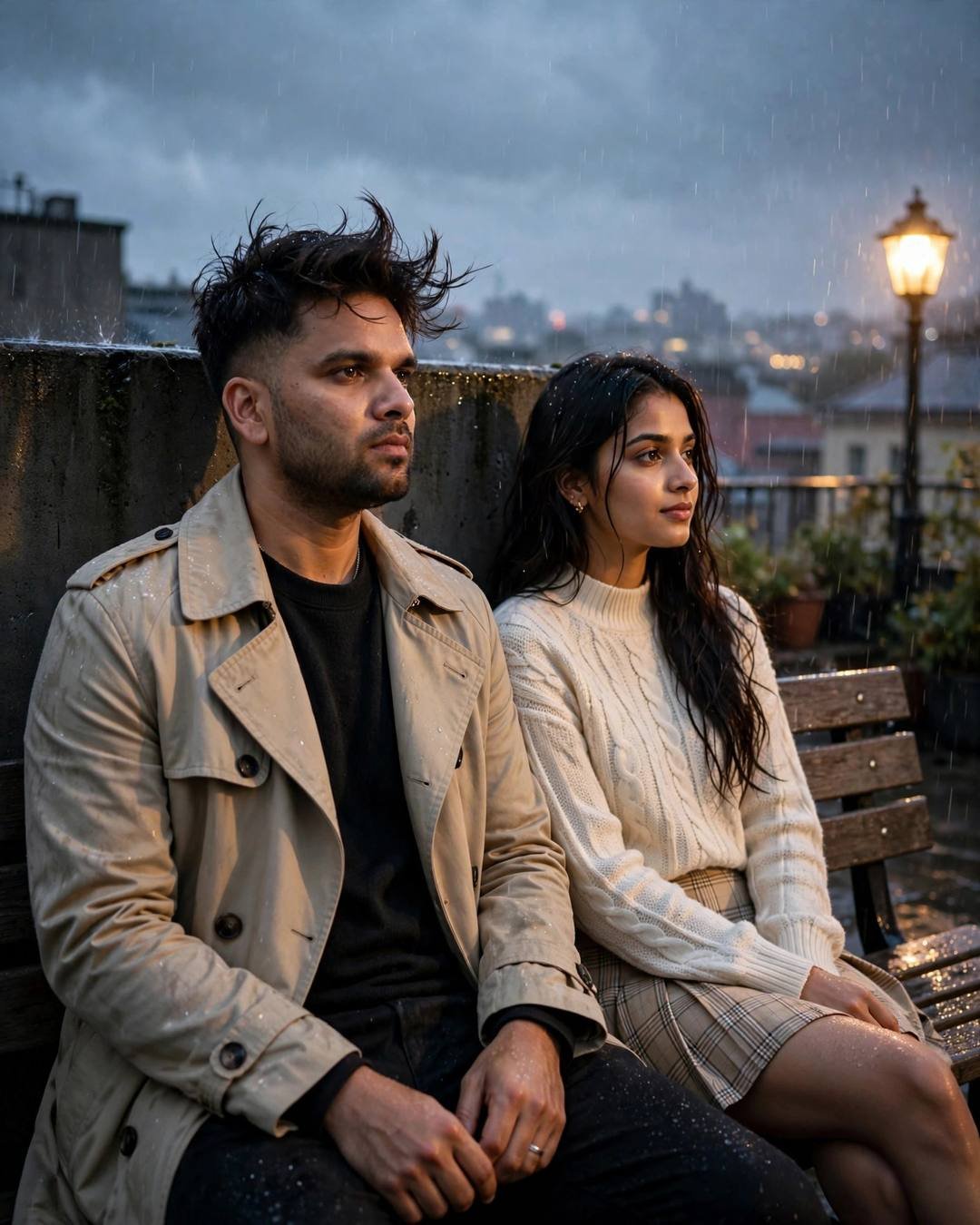 Sharing silence over two untouched coffees — beige trench coat over dark layers, windswept textured hair, sitting on a rooftop, backs against the wall, sharing silence at park bench under a lone lamp;