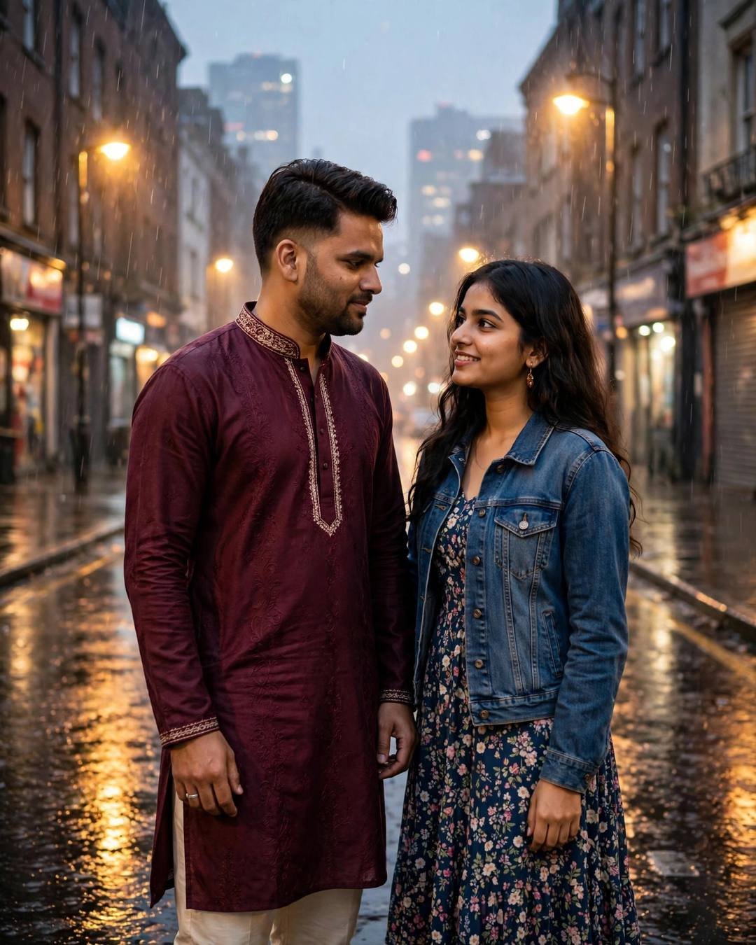 Holding hands loosely while looking in opposite — maroon kurta with cream churidar, neatly combed side part, dancing slowly in an empty street under streetlights at rain-soaked city street; clear cold