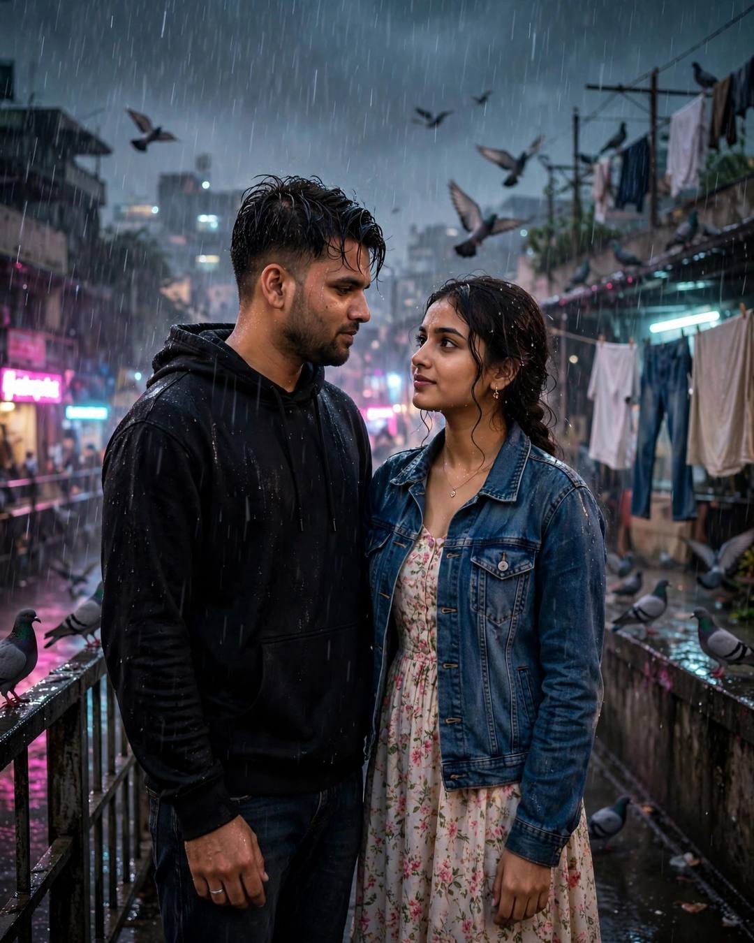 Standing at opposite ends of a bridge — black oversized hoodie and dark jeans, damp rain-wet hair, standing on a bridge, looking at each other while the city blurs at terrace with drying clothes lines