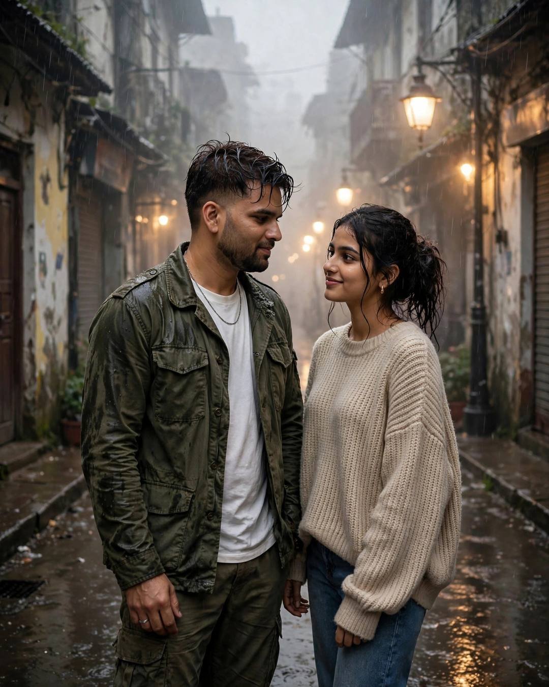 One suitcase packed by the door, both — olive field jacket, white tee, cargo pants, damp rain-wet hair, dancing slowly in an empty street under streetlights at narrow old-city lane with peeling walls;