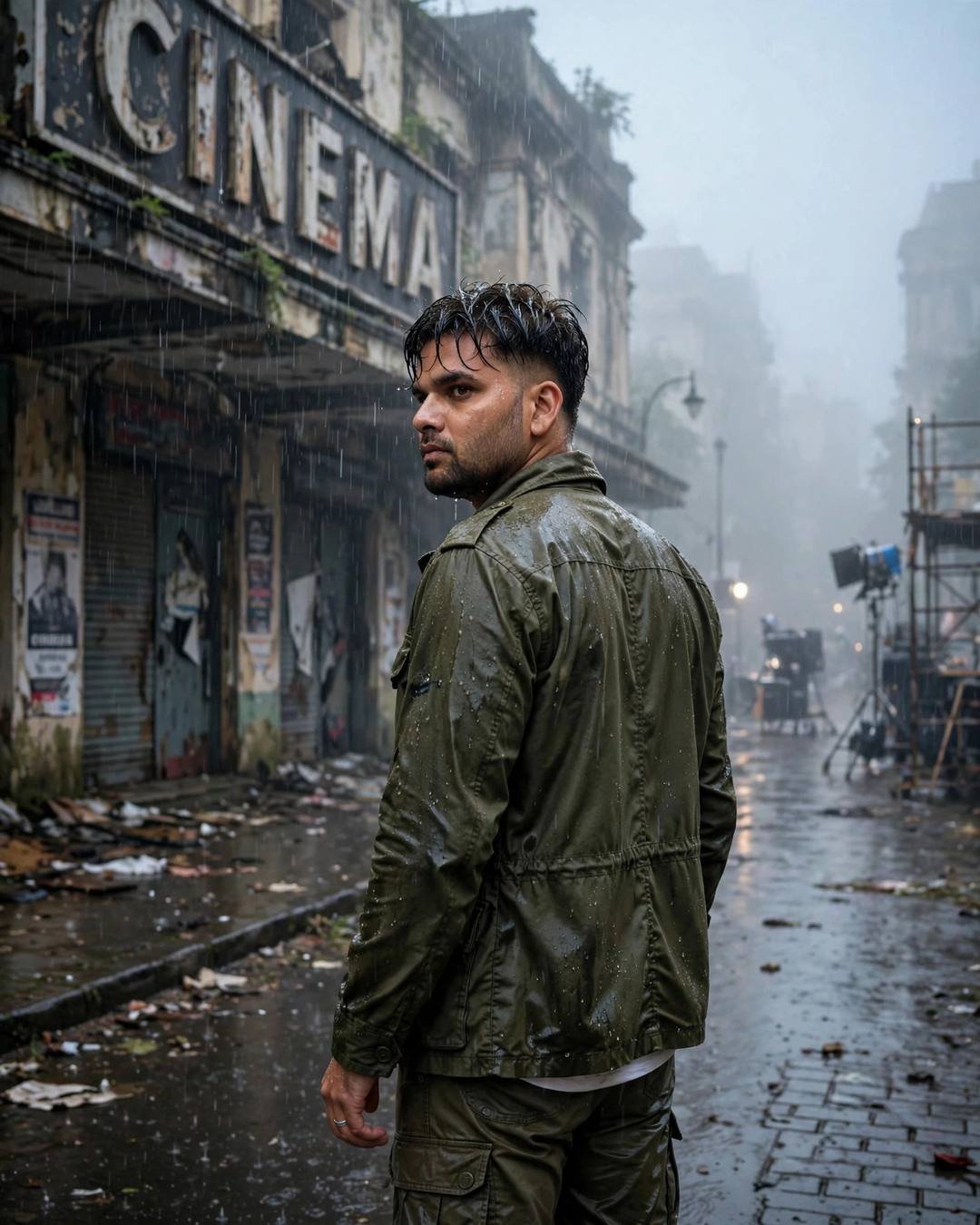 Young Indian man in olive field jacket looking back over his shoulder outside an abandoned cinema in monsoon rain