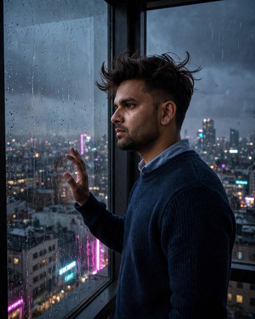 Young Indian man in navy sweater touching a rain-streaked window above a neon-lit city at night