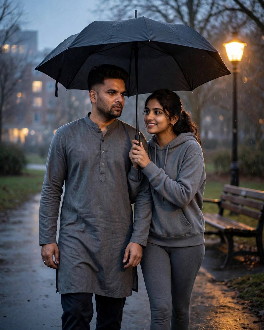 Young couple walking under one umbrella on a wet park path at night, man in grey kurta, woman in grey hoodie, lamp glowing