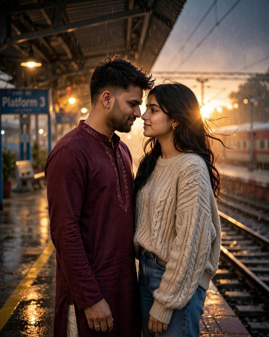 Young couple with foreheads touching on a rainy railway platform at golden hour, man in maroon kurta, woman in beige sweater
