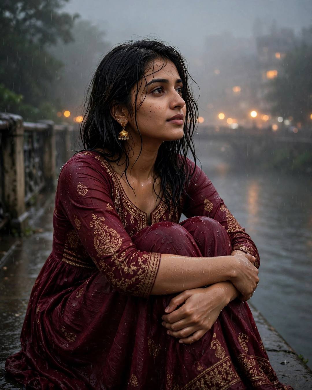 Young Indian woman in a maroon anarkali sitting with knees drawn up on a rainy bridge over a river
