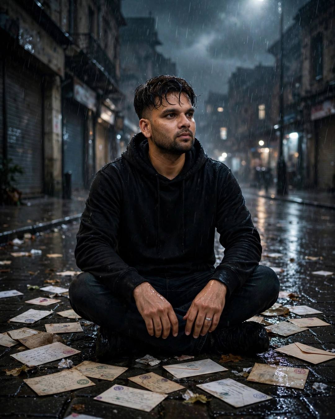Young Indian man in black hoodie sitting cross-legged on a rain-wet cobbled street at night, old letters scattered around him