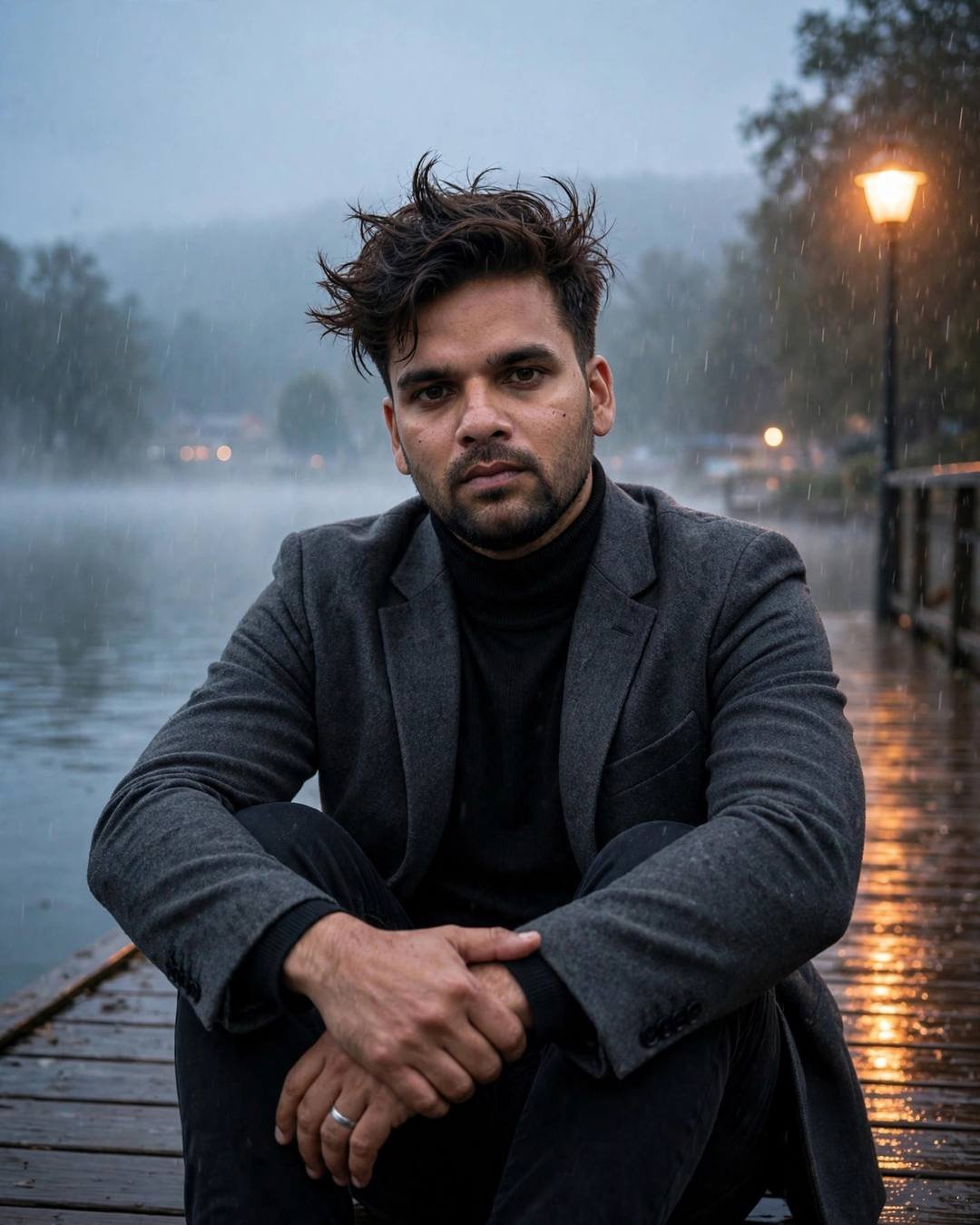 Young Indian man in charcoal blazer and black turtleneck sitting on a wet lake pier at dawn with a glowing streetlamp