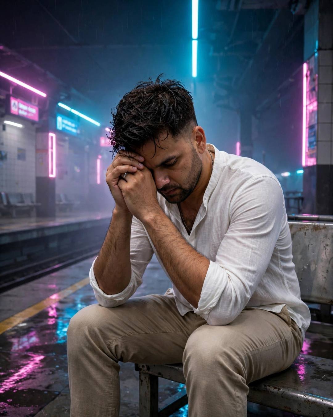 Young Indian man in white linen shirt sitting on a foggy metro bench at night, head in hands, neon pink and cyan light
