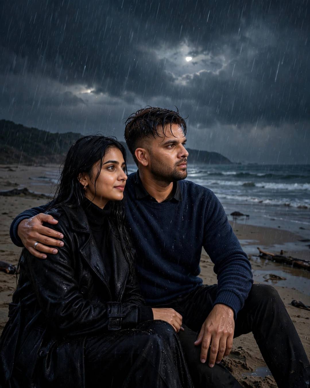 Young couple sitting on a rainy beach at night under storm clouds with moonlight breaking through