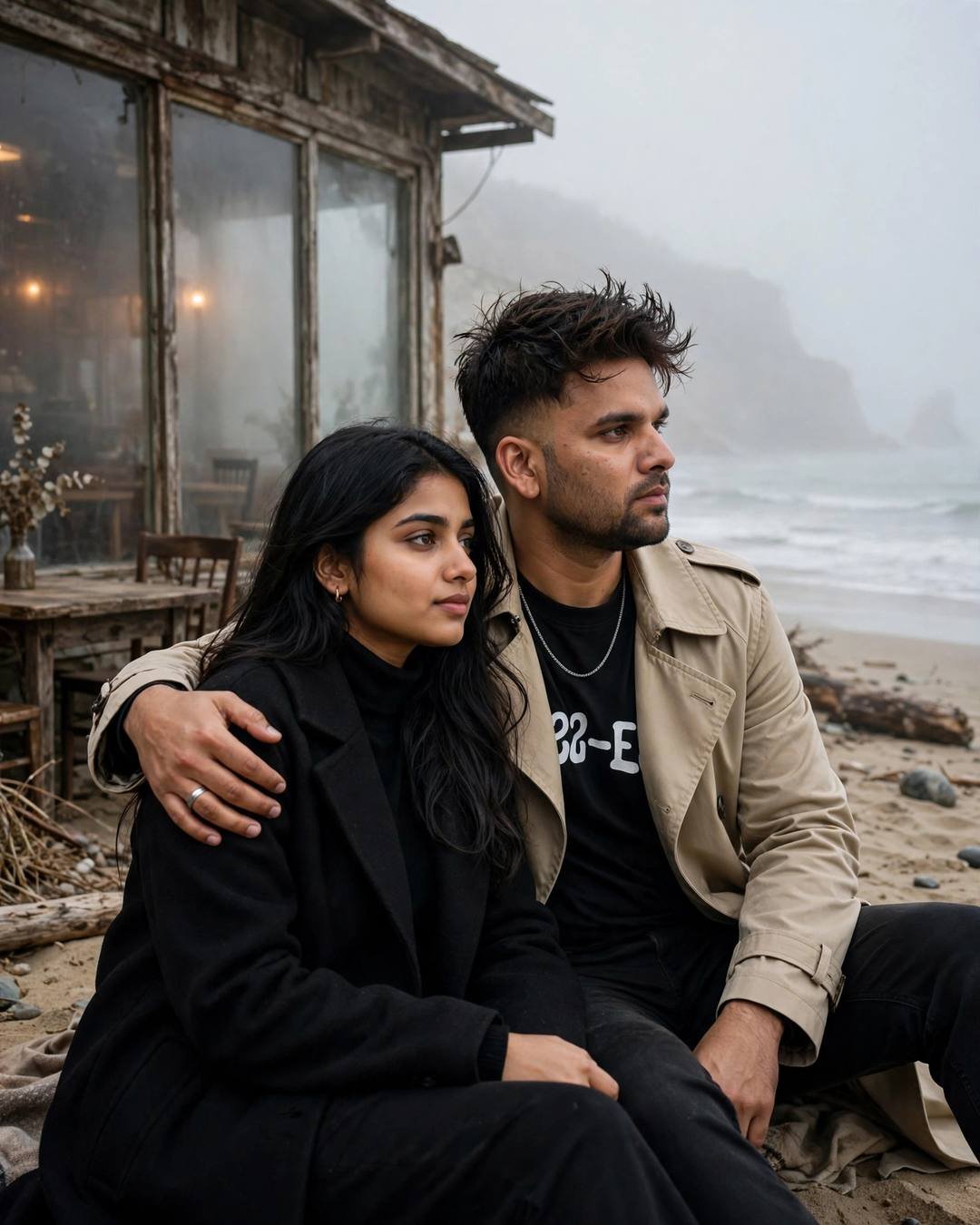 Young couple sitting on a foggy beach beside an old cafe, his arm around her
