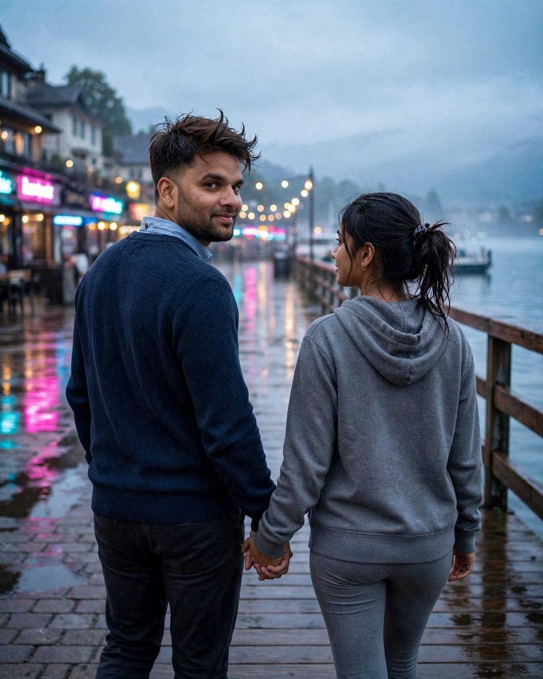 Young couple walking hand in hand away on a neon-lit pier at dusk
