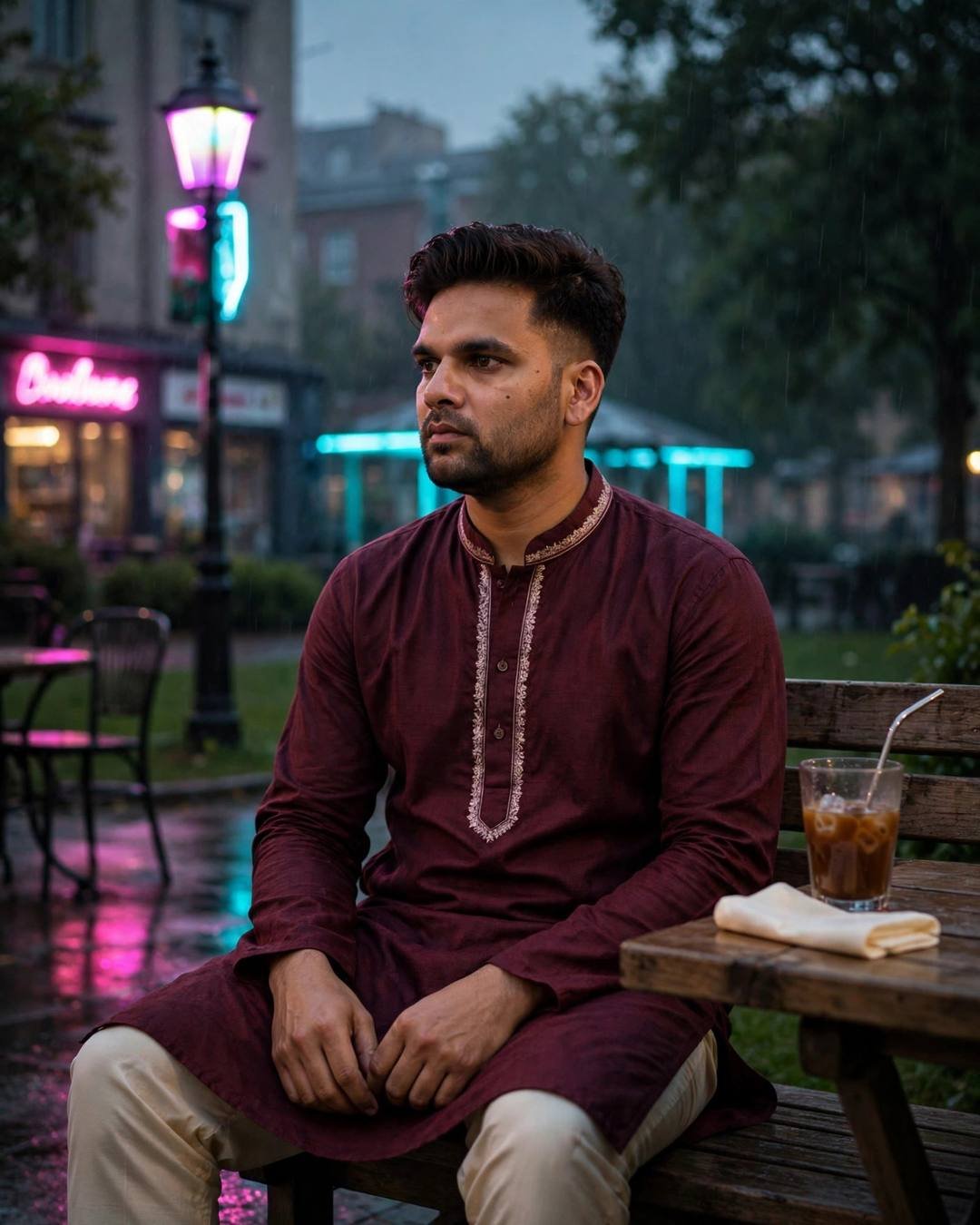 Young Indian man in maroon kurta sitting at an outdoor cafe table with iced coffee, neon signs behind