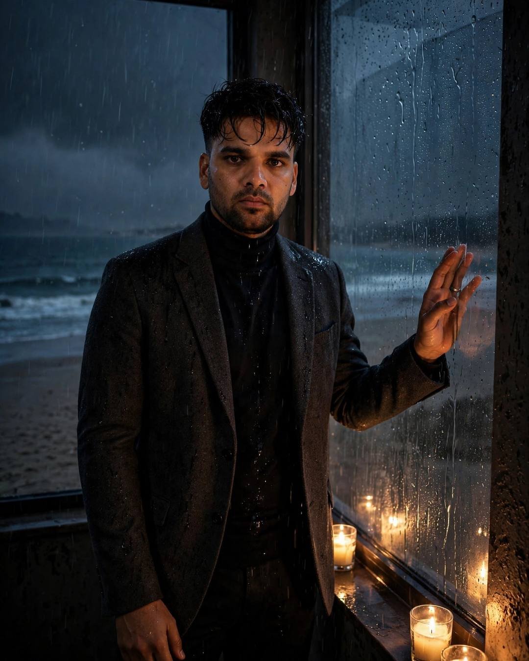 Young Indian man in charcoal blazer at a rain-streaked window overlooking a beach, candles on the sill