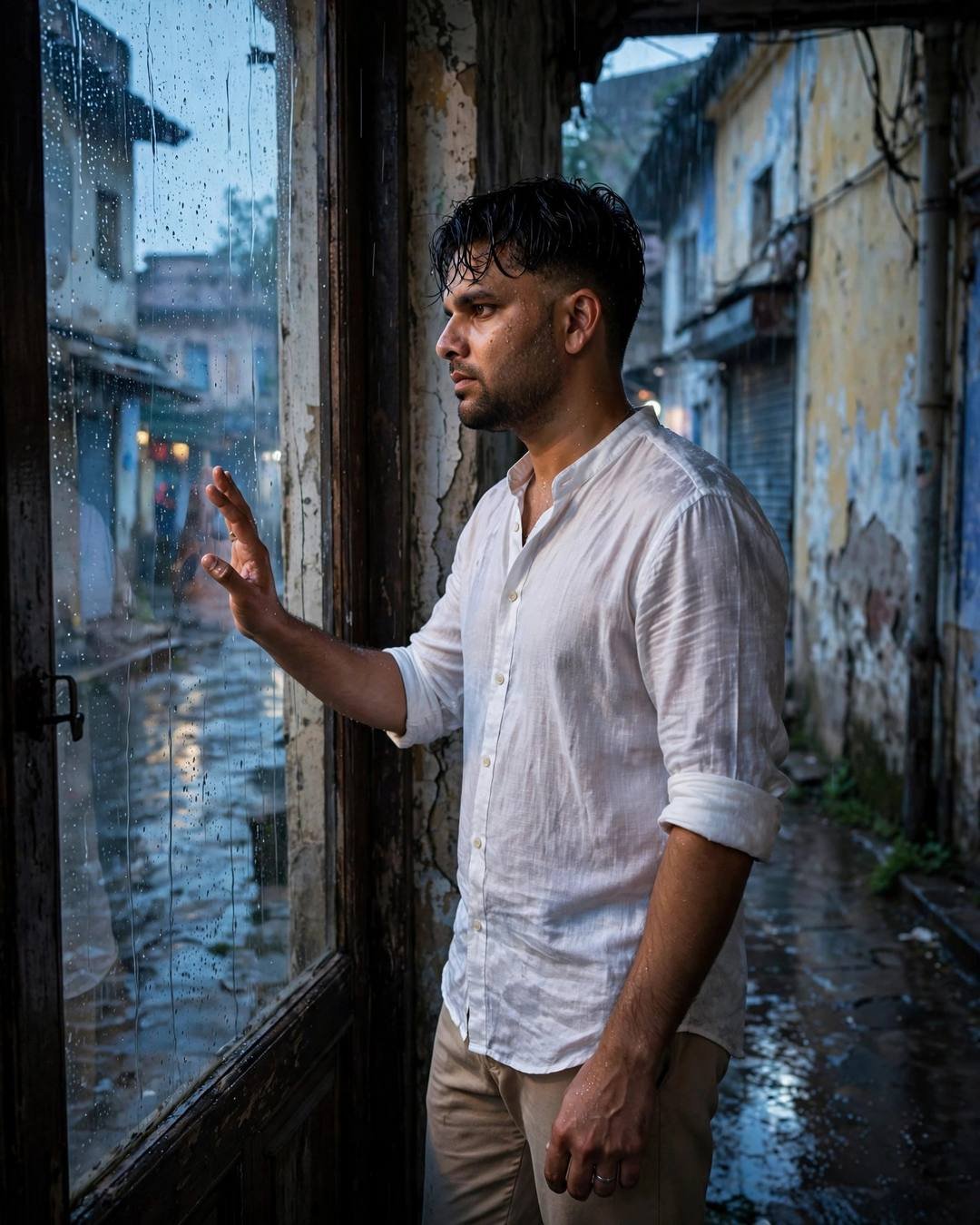 Young Indian man in white linen shirt with hand on a rain-streaked glass door in an old city lane
