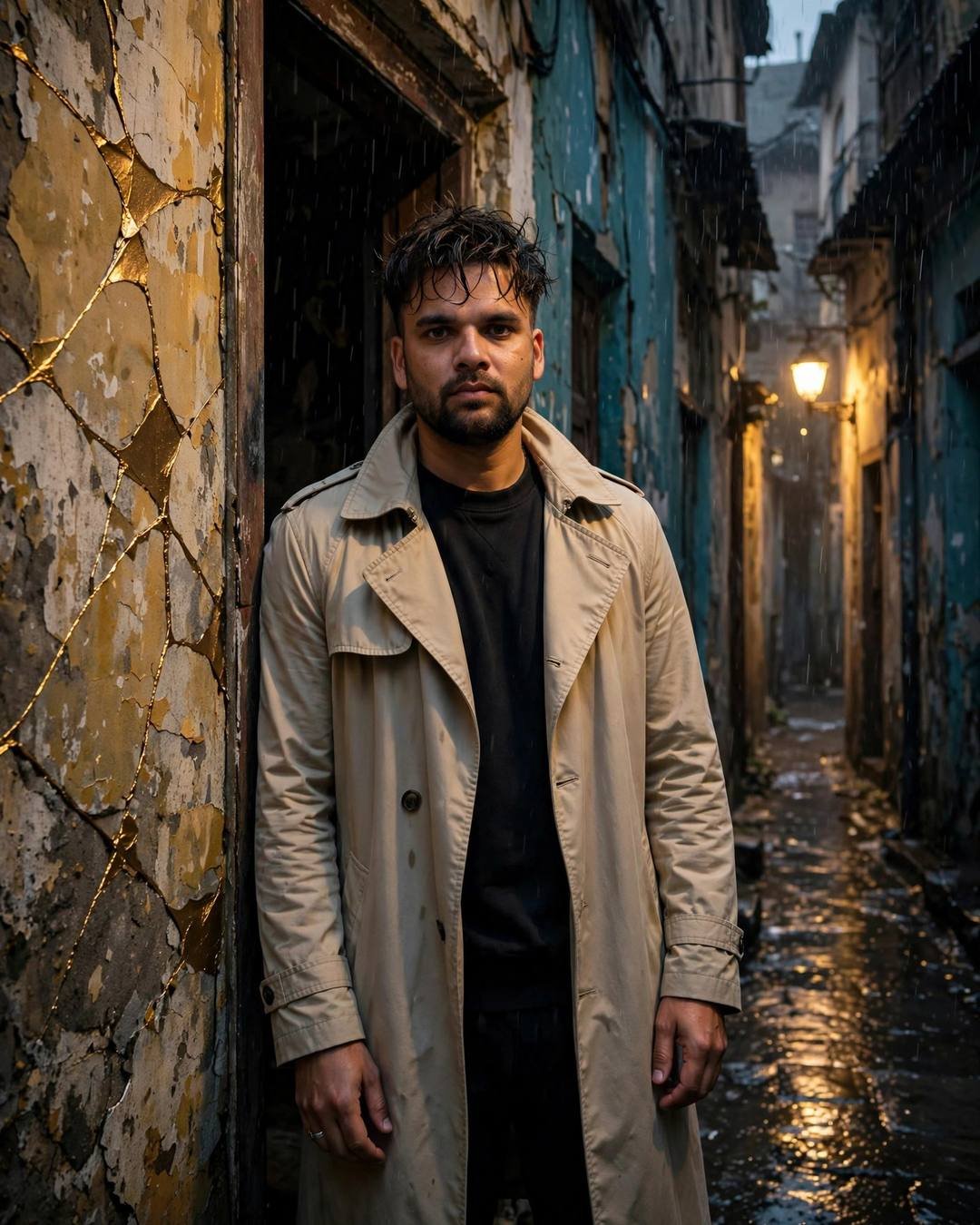 Young man in a beige trench coat standing in an old-city doorway at night, golden cracks glowing in the wall beside him