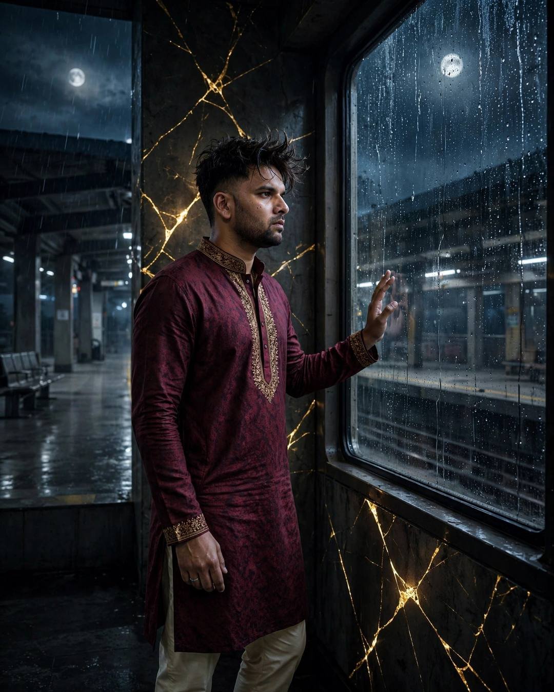 Young man in a maroon kurta at a rain-streaked metro station window at midnight, one hand on the glass, golden cracks in the wall
