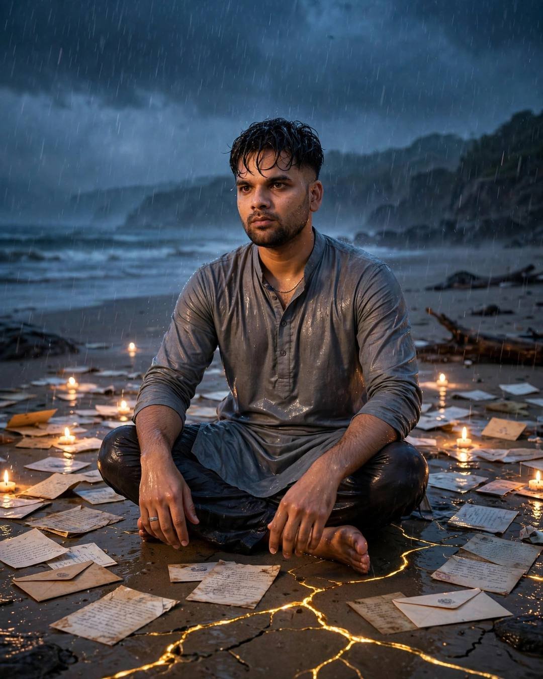 Young man in a grey kurta sitting cross-legged on a rainy beach at dusk among old letters and candles, golden cracks glowing in the sand