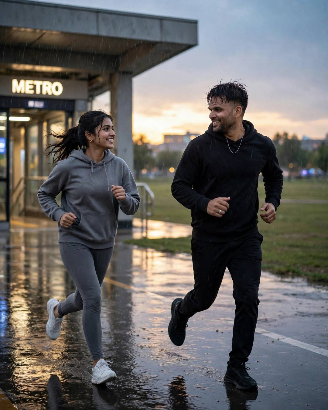 Couple running laughing through a rain-wet plaza by a metro station at golden hour, black streetwear and grey hoodie