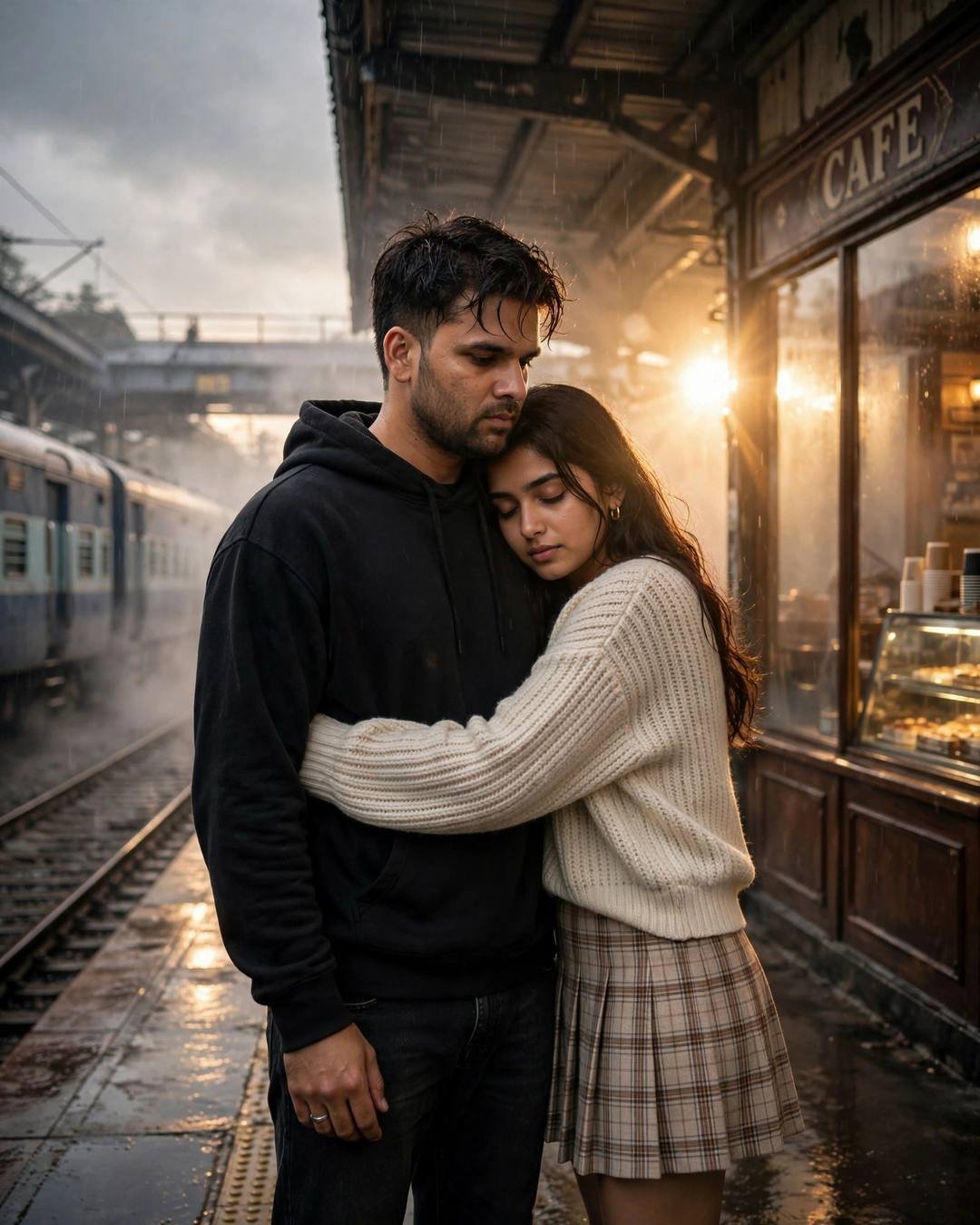 Couple embracing on a rainy railway platform at dawn, black hoodie and cream knit sweater, old cafe glowing behind