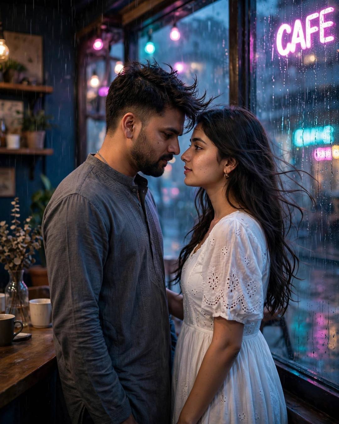 Couple face to face with foreheads almost touching by a neon-lit cafe window in the rain, grey kurta and white dress