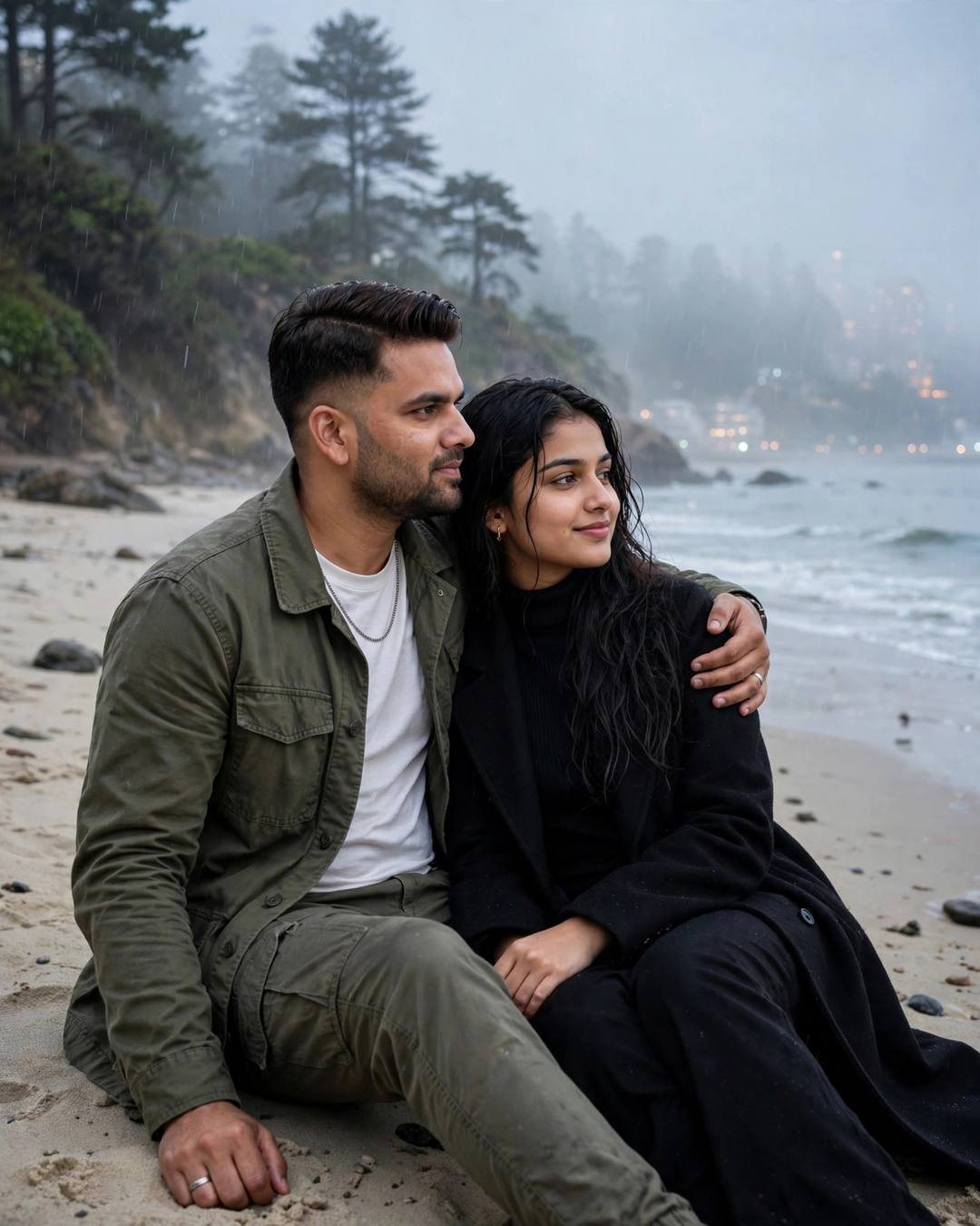 Couple on a foggy beach in drizzle, his arm around her, olive field jacket and black coat, waves and fog