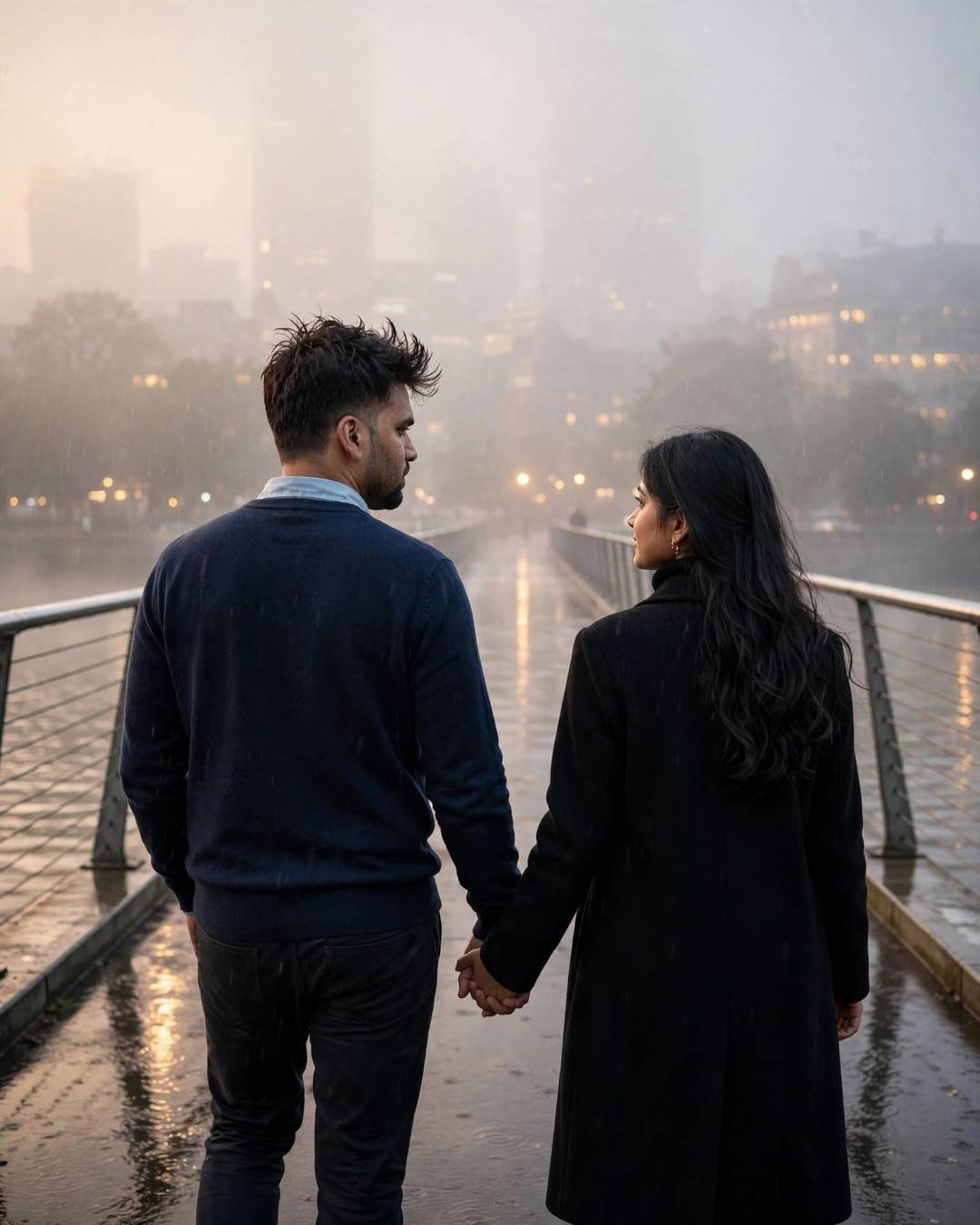 Cinematic AI portrait: adorable everyday love — her feeding him pani puri at a street stall (Cute Couple mood)