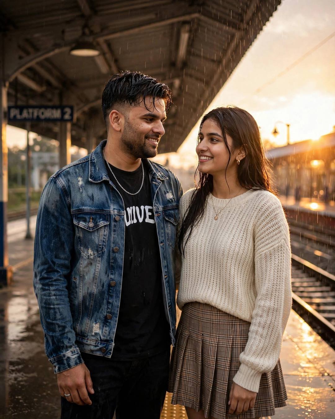 Cinematic AI portrait: adorable everyday love — forehead kisses at a book fair (Cute Couple mood)