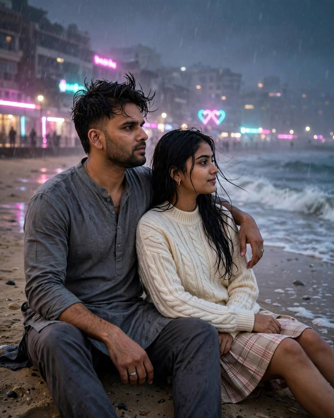 Cinematic AI portrait: two hearts, one storm — crying together after the doctor's good news (Emotional Couple mood)