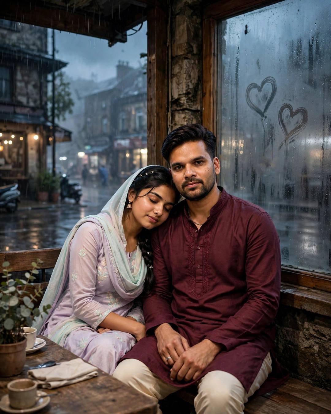 Cinematic AI portrait: two hearts, one storm — comforting each other after a shared loss (Emotional Couple mood)